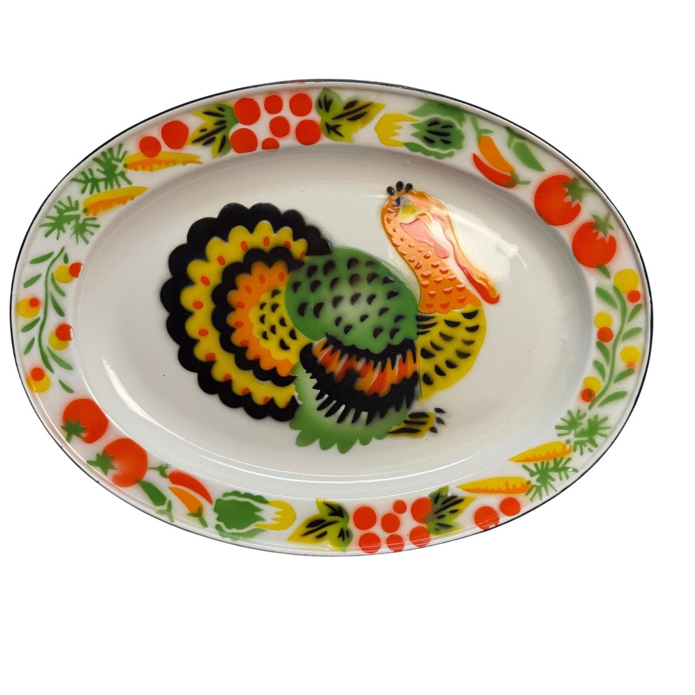 Vintage Hand Painted Enamel Turkey Platter 13x17 Folk Art Toleware Thanksgiving